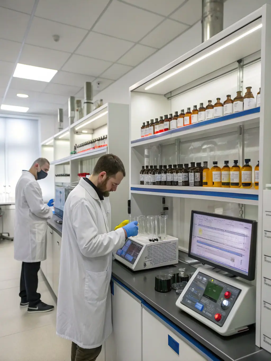 A detailed image of a vape device undergoing rigorous testing in a laboratory setting, emphasizing quality control and adherence to industry standards.